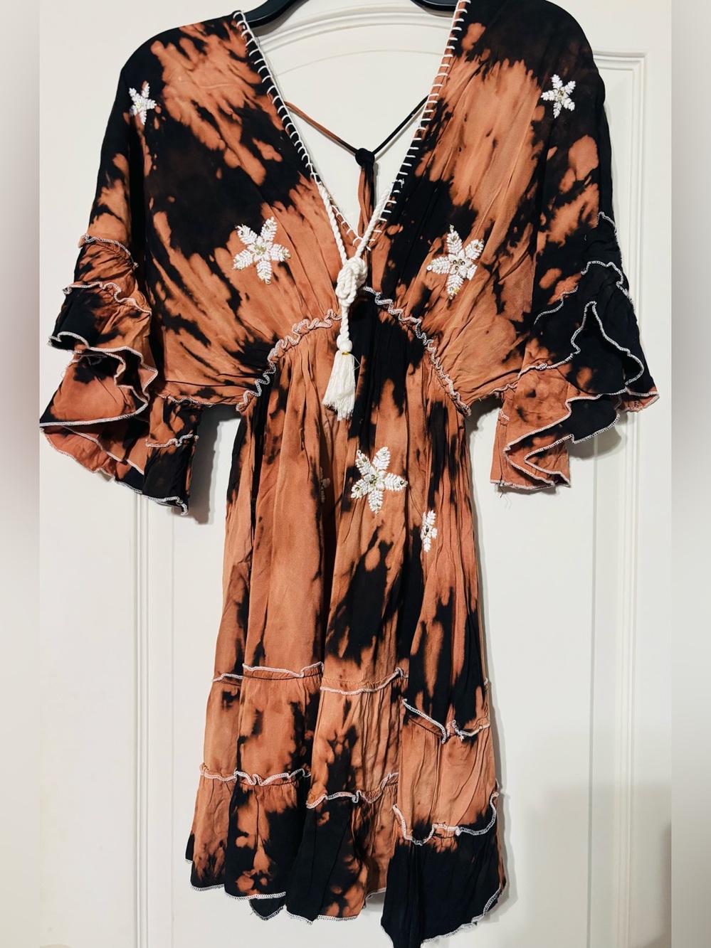 Embroidered Tie-Dye Mini Dress in Black and Brown